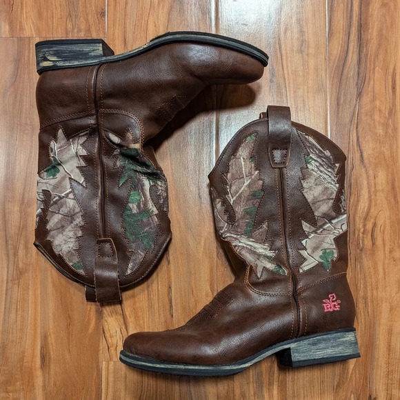 Western Boots Vegan Leather Round Toe Camo Brown Women's Size 6 Realtree Girl - Picture 1 of 13